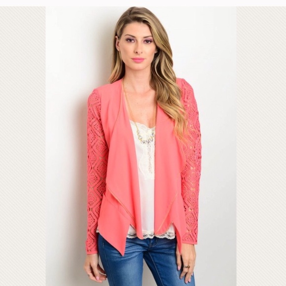 Coral cardigan jacket with pockets. Sheer chiffon. - Picture 2 of 5